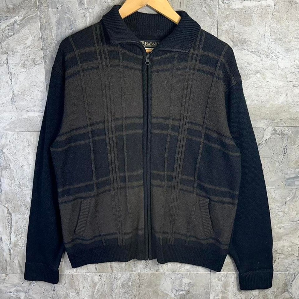 Habani Black & Brown plaid thick zip-up sweater Men's‎ Large  #Y2K
